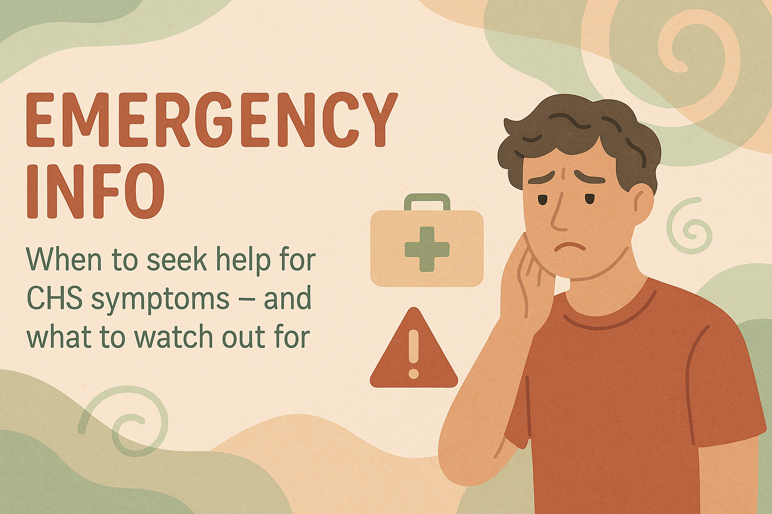 Emergency Information Banner - When to seek help for CHS symptoms and what to watch out for, featuring medical alert symbols and a concerned person